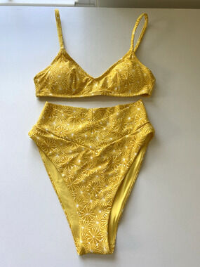NWT Aerie Real Good Yellow Floral Geo Print 2 PC Bikini Set High Cut XS-S Beach